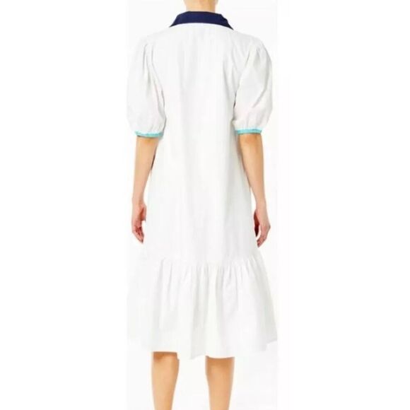 ADDISON BAY ISLE DRESS 100% Poplin Cotton White Blue Pipping Drop Waist Midi Sma - Picture 5 of 11